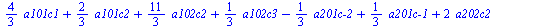 `assign`(eq3, {`+`(`*`(3, `*`(a101c2, `*`(`a201c-1`))), `*`(3, `*`(a101c1, `*`(`a201c-2`))), `*`(`/`(1, 3), `*`(a102c3)), `*`(3, `*`(a102c3, `*`(a202c3))), `*`(6, `*`(`^`(a102c3, 2))), `-`(`*`(`/`(1, ...