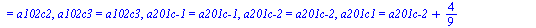 `assign`(sln2, {`a101c-1` = `+`(`/`(1, 9), a101c2, `-`(`*`(2, `*`(`a201c-1`)))), `a101c-2` = `+`(`-`(`/`(1, 9)), a101c1, `-`(`*`(2, `*`(`a201c-2`)))), a101c1 = a101c1, a101c2 = a101c2, `a102c-1` = `+`...