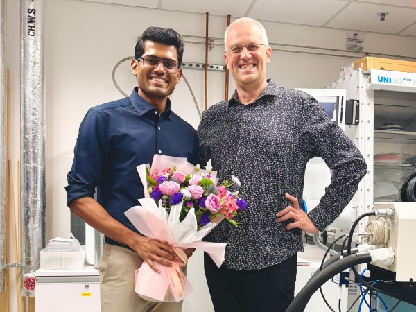 Dr. Vighnesh Kunnathodi with Prof. Andrey Rogach marking Vighnesh's great achievent in defending his PhD at CityUHK in August 2025